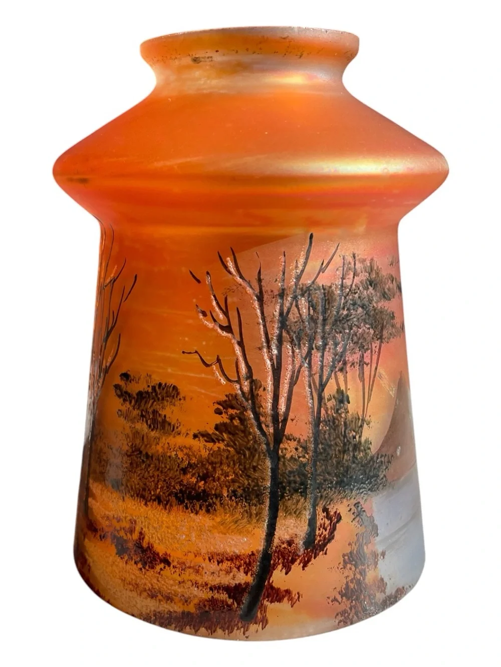 Carnival glass lamp shade from the early 1900’s, depicts a winter scene